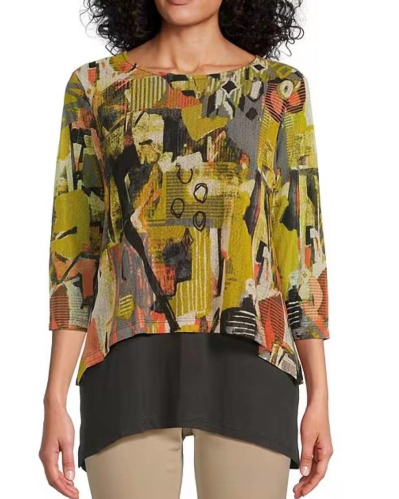 Front of a model wearing a size L 3/4 Sleeve Scoop Neck Layered Hi-Lo Print Solid Knit Top in Multi in Multi by Multiples. | dia_product_style_image_id:332538